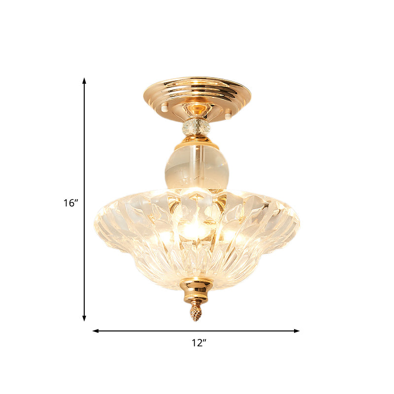 Modern Ribbed Glass Semi Flush Mount Light In Black/Gold - 12’/16’ Diameter 1 Crystal Ceiling Lamp