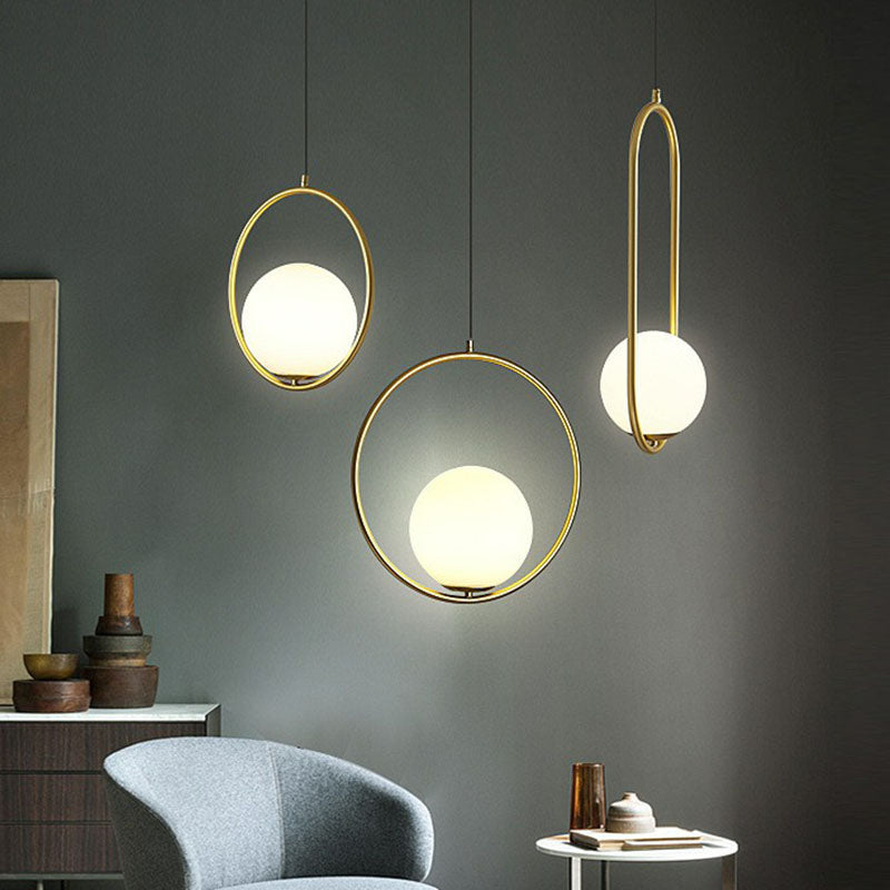 White Glass Pendant Light With Metal Ring - Simple Ball Ceiling Lamp