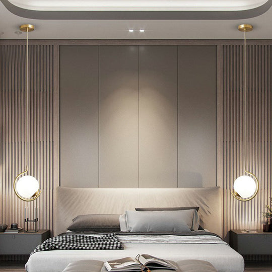 Simple Ball Pendant Light Cream Glass Bedside Suspension Lighting In Gold