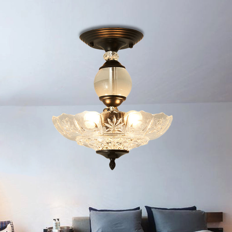 Modern Ribbed Glass Semi Flush Mount Light In Black/Gold - 12’/16’ Diameter 1 Crystal Ceiling