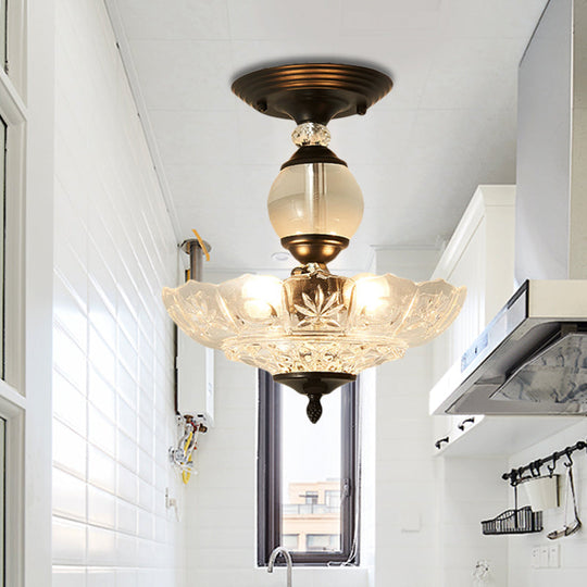 Modern Ribbed Glass Semi Flush Mount Light In Black/Gold - 12’/16’ Diameter 1 Crystal Ceiling Lamp