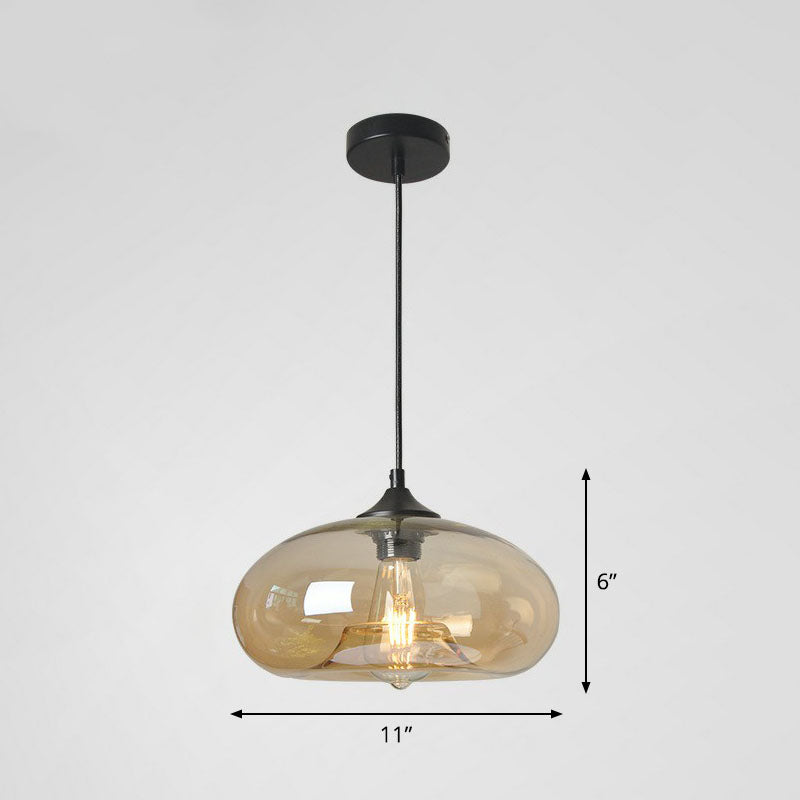 Black Glass 1-Head Modern Ellipse Pendant Light For Dining Tables Amber