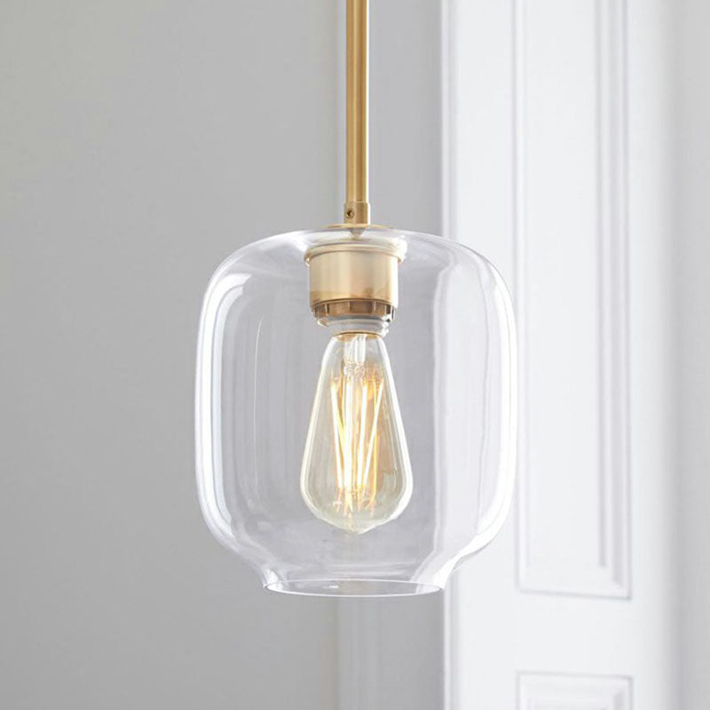 Simplicity Glass Pendant Light With Gold Finish - Clear Mug Shape Single Bulb Suspension