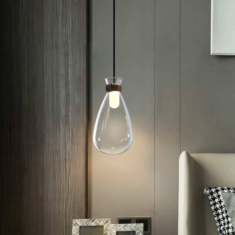 Minimalist Raindrop Glass Hanging Light With Leather Strap - 1-Light Suspended Lighting Fixture