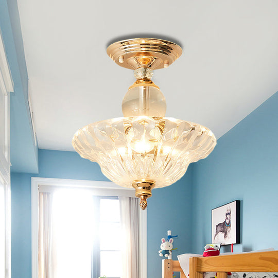 Modern Ribbed Glass Semi Flush Mount Light In Black/Gold - 12’/16’ Diameter 1 Crystal Ceiling Lamp