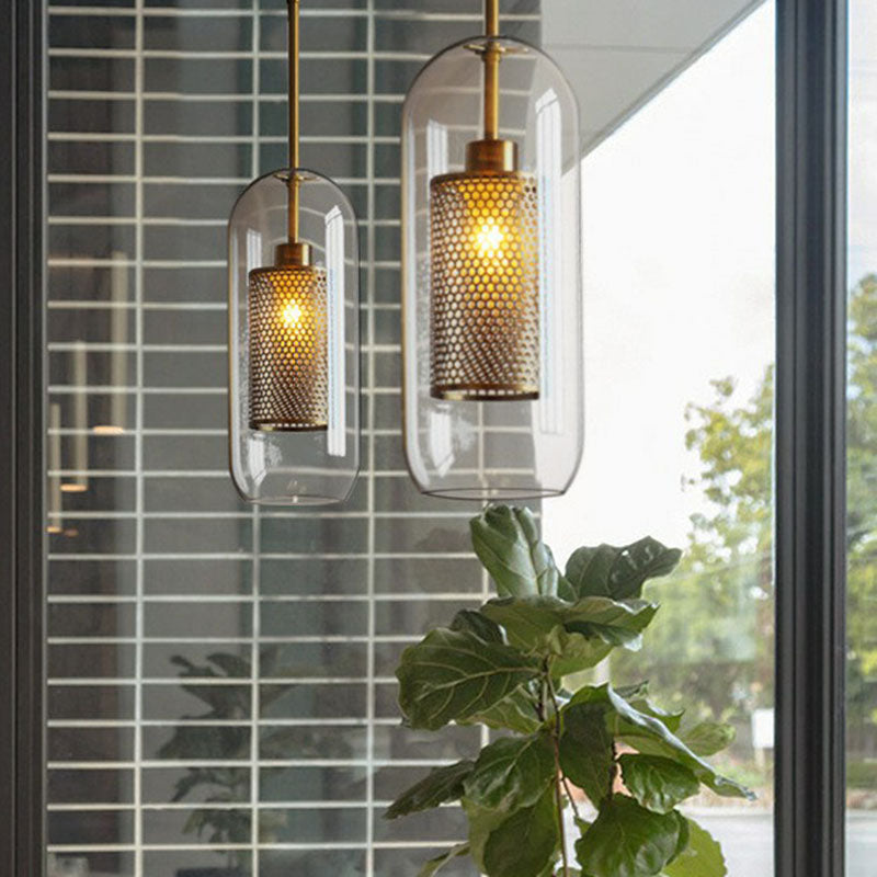 Clear Glass Geometric Pendant Lamp With Mesh Guard - Postmodern Design