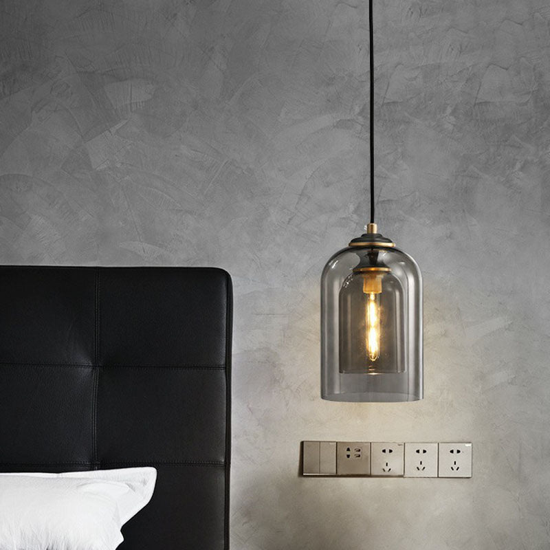 Postmodern Bedroom Hanging Lamp With Double Cloche Glass Shade - 1 Bulb Ceiling Light