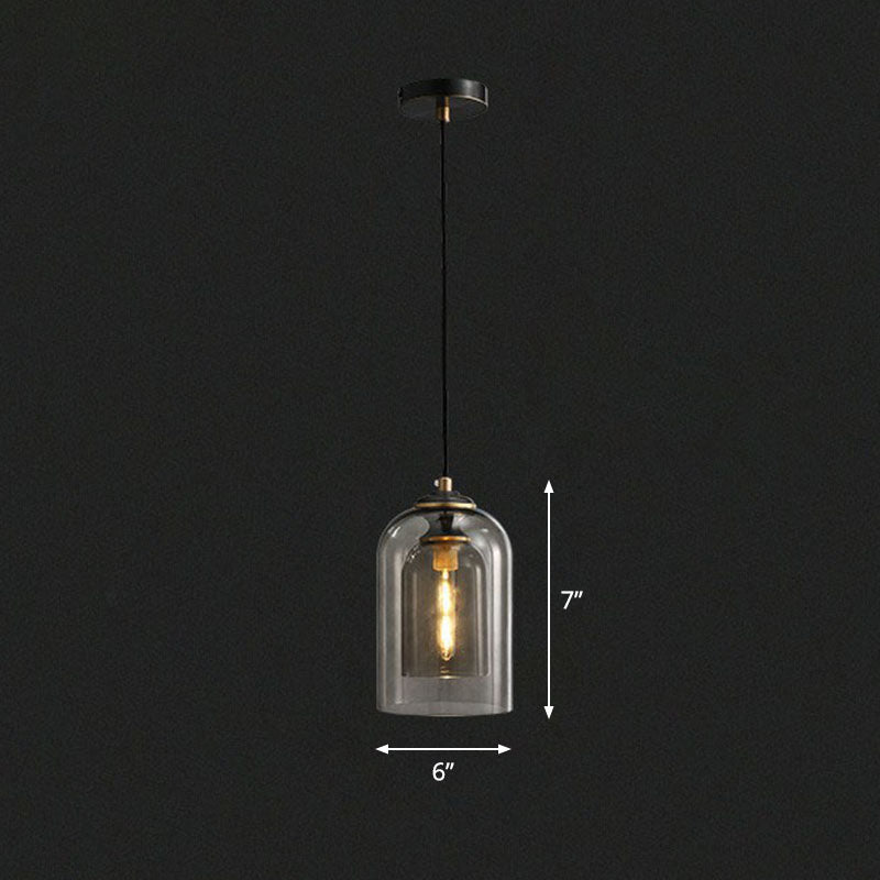 Postmodern Bedroom Hanging Lamp With Double Cloche Glass Shade - 1 Bulb Ceiling Light Smoke Gray