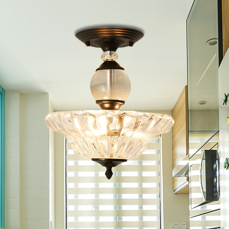 Modern Ribbed Glass Semi Flush Mount Light In Black/Gold - 12’/16’ Diameter 1 Crystal Ceiling Lamp