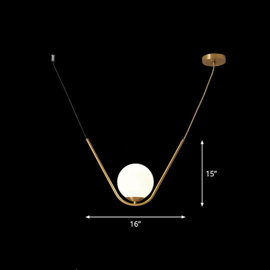 Suspended Gold Pendant Light With White Glass Shade - Minimalist V-Design