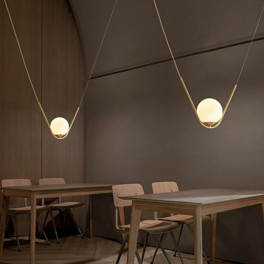 Suspended Gold Pendant Light With White Glass Shade - Minimalist V-Design