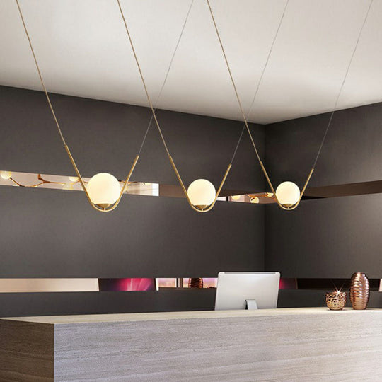 Suspended Gold Pendant Light With White Glass Shade - Minimalist V-Design