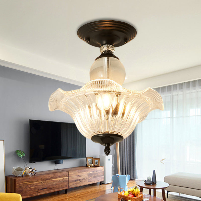 Modern Ribbed Glass Semi Flush Mount Light In Black/Gold - 12’/16’ Diameter 1 Crystal Ceiling Lamp