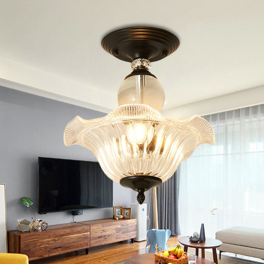 Modern Ribbed Glass Semi Flush Mount Light In Black/Gold - 12’/16’ Diameter 1 Crystal Ceiling Lamp