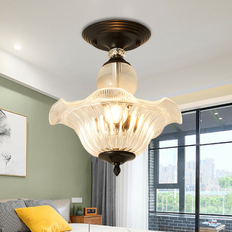 Modern Ribbed Glass Semi Flush Mount Light In Black/Gold - 12’/16’ Diameter 1 Crystal Ceiling