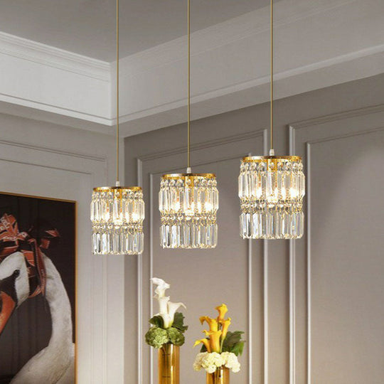 Postmodern 3-Head Gold Hanging Lamp Kit With Cylinder Crystal Prisms