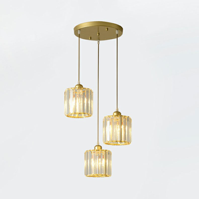Postmodern Clear Crystal Block Pendant Light - 3-Light Hanging Fixture For Living Room Ceiling Gold