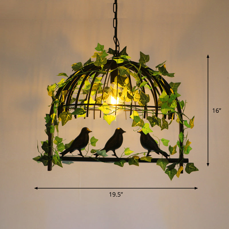 Antique Iron Birdcage Suspension Light With Green Artificial Ivy - Perfect For Restaurant Island