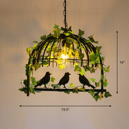 Antique Iron Birdcage Suspension Light With Green Artificial Ivy - Perfect For Restaurant Island