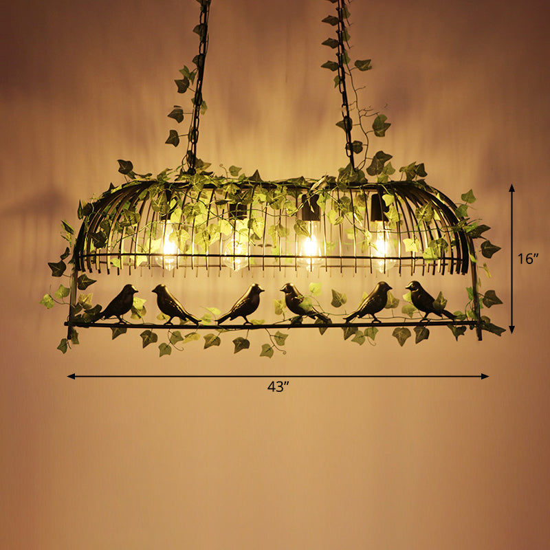 Antique Iron Birdcage Suspension Light With Green Artificial Ivy - Perfect For Restaurant Island
