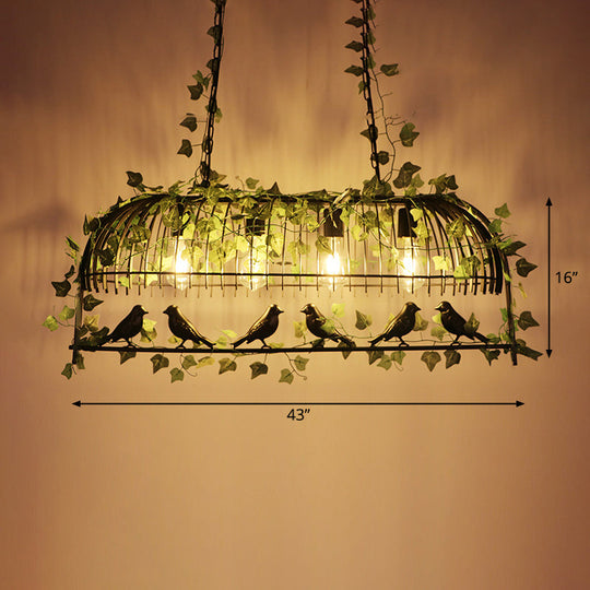 Antique Iron Birdcage Suspension Light With Green Artificial Ivy - Perfect For Restaurant Island