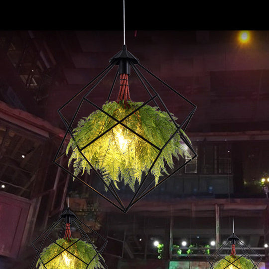 Vintage Green Caged Iron Plant Hanging Lamp - Single-Bulb Pendant For Restaurant Lighting