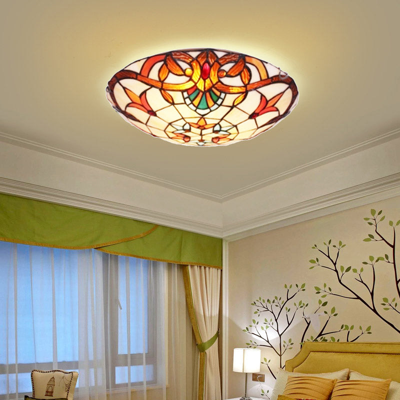 Antique Tiffany Glass Orange Led Flushmount Ceiling Light For Bedroom - Flower Flush Mount