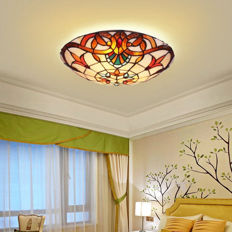 Antique Tiffany Glass Orange Led Flushmount Ceiling Light For Bedroom - Flower Flush Mount
