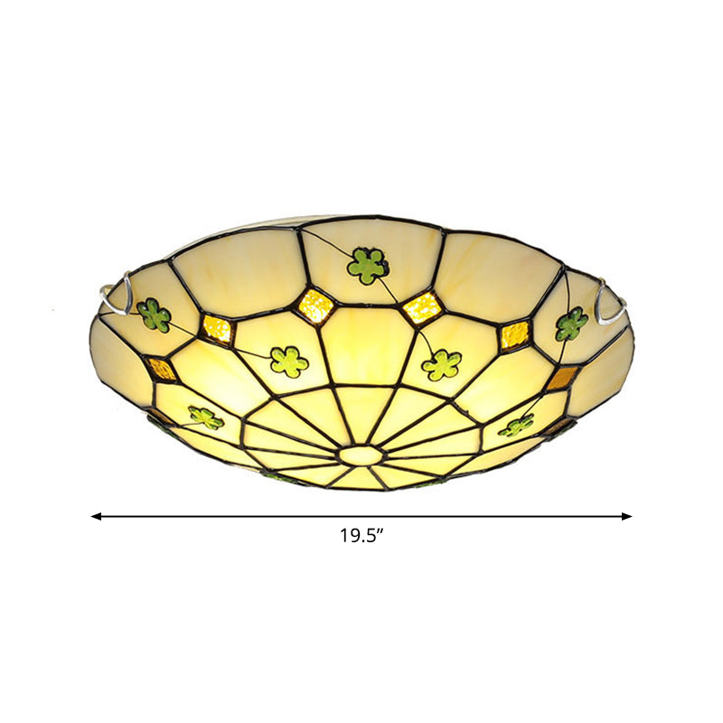 Tiffany Glass Classic Led Flush Ceiling Light Fixture With Grid Pattern Green / 19.5’