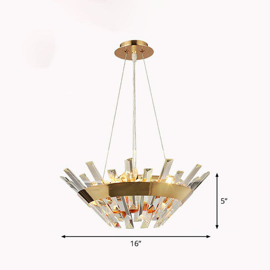 Minimalist Gold Tapered Chandelier With Crystal Prism - Living Room Pendant Light / 16