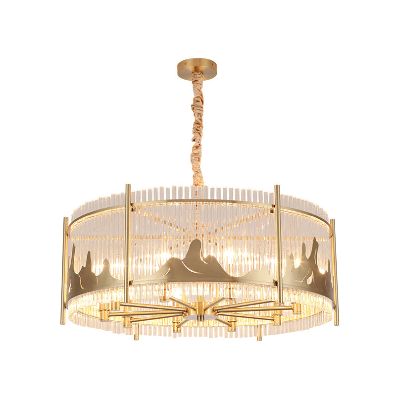 Traditional Round Chandelier: Prismatic Glass 10-Light Gold Ceiling Pendant With Mountain Pattern