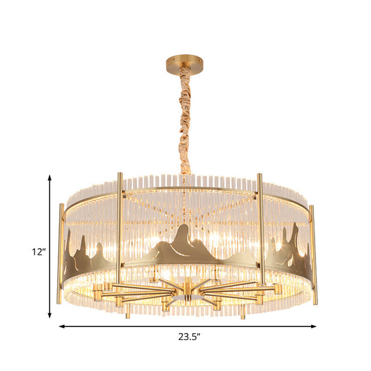 Traditional Round Chandelier: Prismatic Glass 10-Light Gold Ceiling Pendant With Mountain Pattern