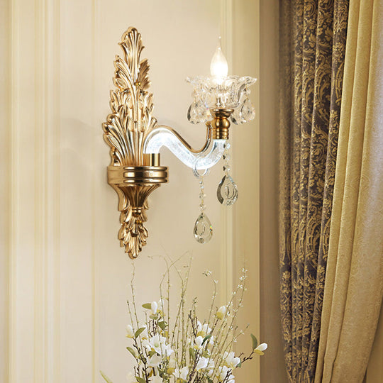 Modernist Style Floral Wall Sconce With Clear Crystal 1/2-Light Fixture - Gold Light For Living Room