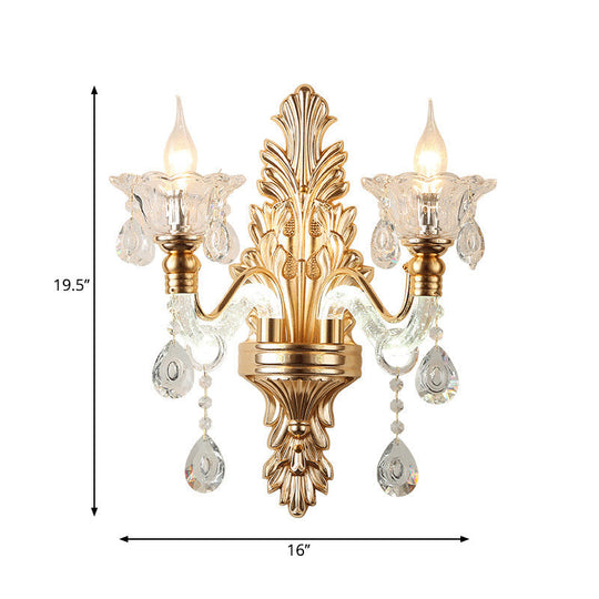 Modernist Style Floral Wall Sconce With Clear Crystal 1/2-Light Fixture - Gold Light For Living Room