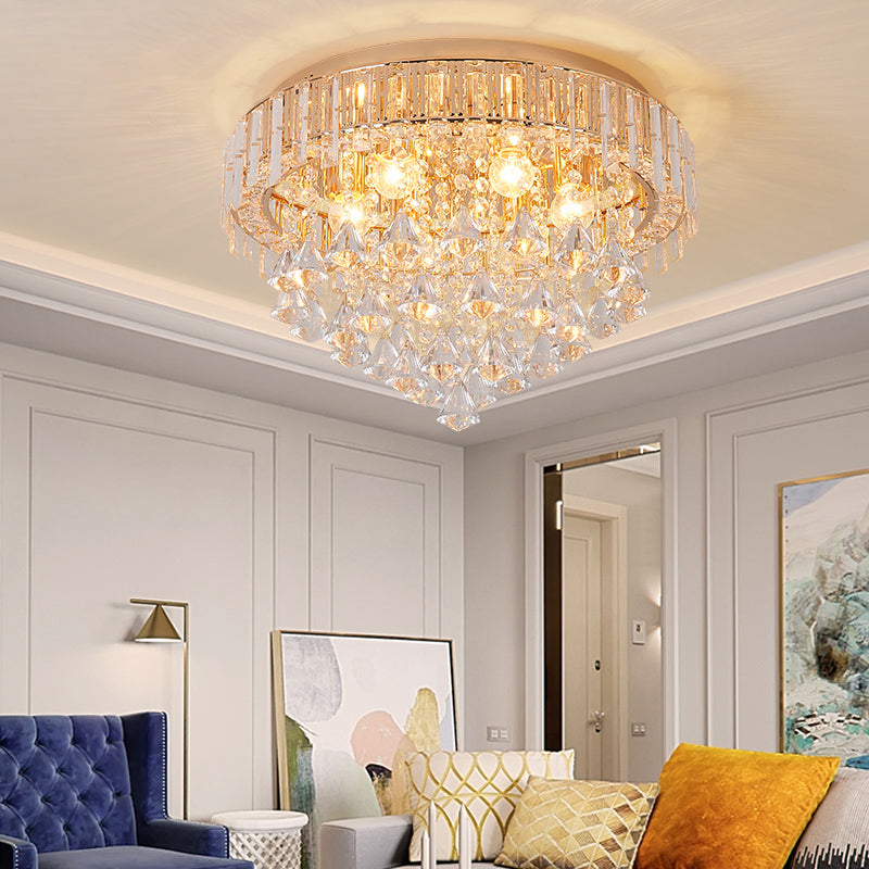 Contemporary Crystal Teardrops Flush Lamp - 5 Light Golden Ceiling Fixture For Living Room