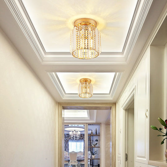 Cylindrical Crystal Mini Flush Lamp - Elegant 1-Light Golden Corridor Ceiling Mounted Light 7 Wide