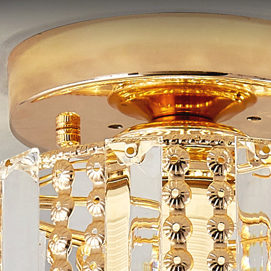 Cylindrical Crystal Mini Flush Lamp - Elegant 1-Light Golden Corridor Ceiling Mounted Light 7 Wide