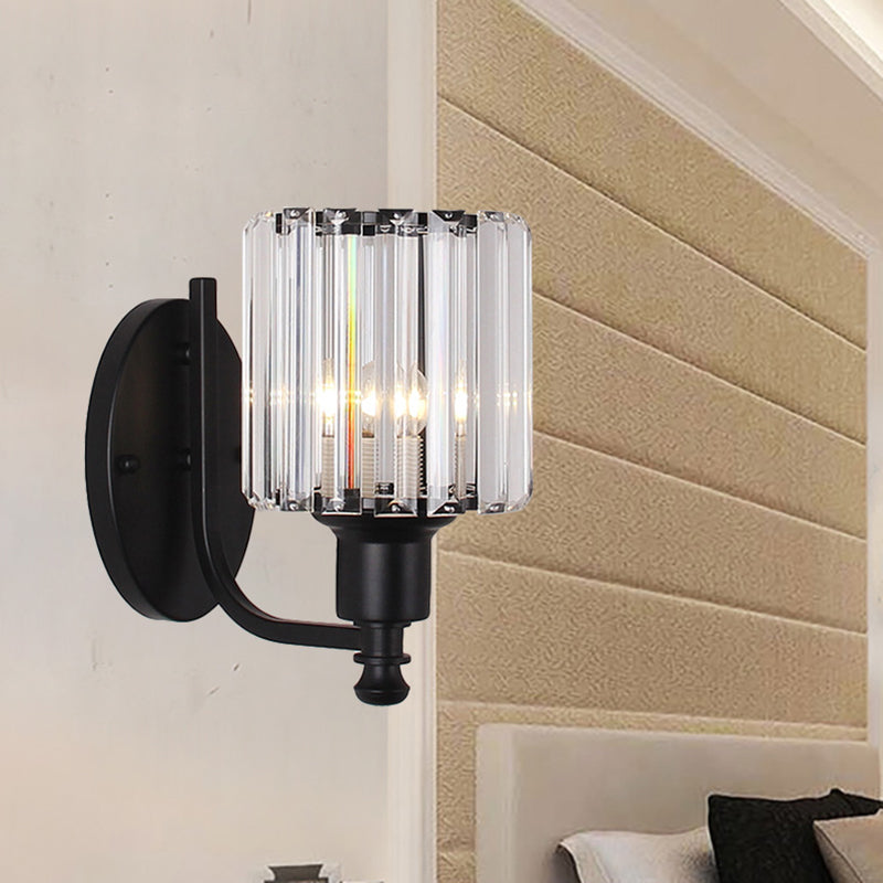 Contemporary Cylinder Crystal Wall Light With 1 Head Mounted On Bedroom - Black/Gold Curved Arm