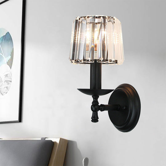 Modern Clear Crystal Wall Lamp: 1-Head Bedside Sconce Light In Black Curved/Straight Arm