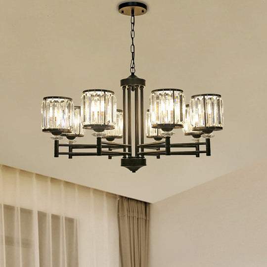 Retro Cylindrical Chandelier Pendant Light - Black Finish Crystal Accent Adjustable Chain 3/6/8