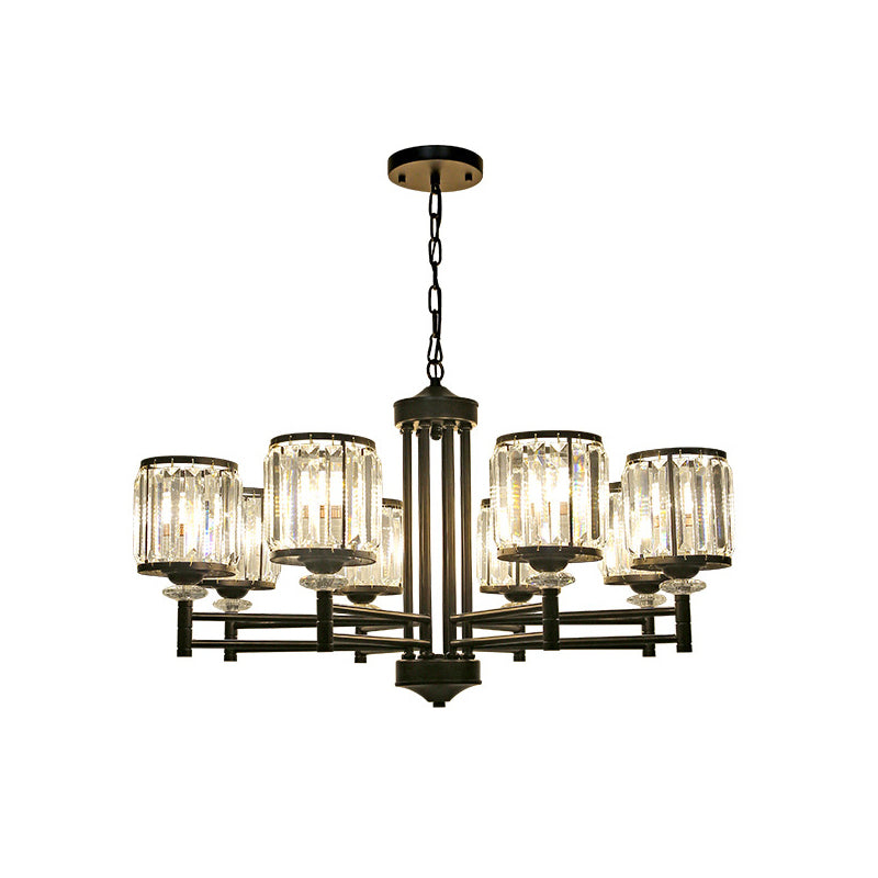 Retro Cylindrical Chandelier Pendant Light - Black Finish Crystal Accent Adjustable Chain 3/6/8