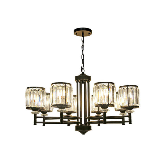 Retro Cylindrical Chandelier Pendant Light - Black Finish Crystal Accent Adjustable Chain 3/6/8