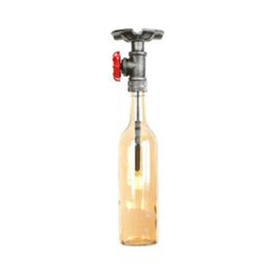 Vintage Indoor Ceiling Mounted Fixture: 1-Light Semi-Mount With Wine Bottle Glass Shade & Valve In