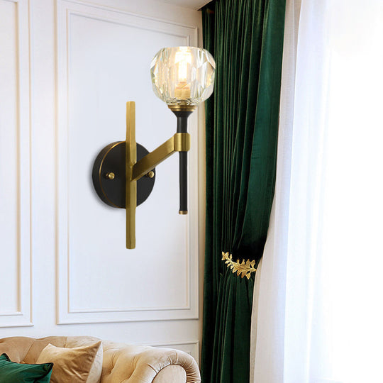 Modern Geometric Flush Black Wall Sconce With Crystal Accent - 1 Light Fixture