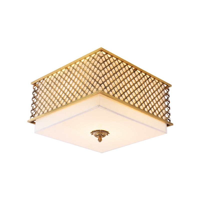 Traditional Square Metal Flushmount Lighting In Brass For Bedroom - 5 Lights 16’/19.5’ Wide