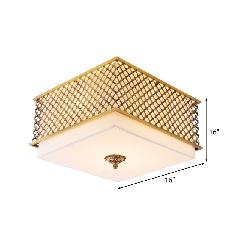 Traditional Square Metal Flushmount Lighting In Brass For Bedroom - 5 Lights 16’/19.5’ Wide