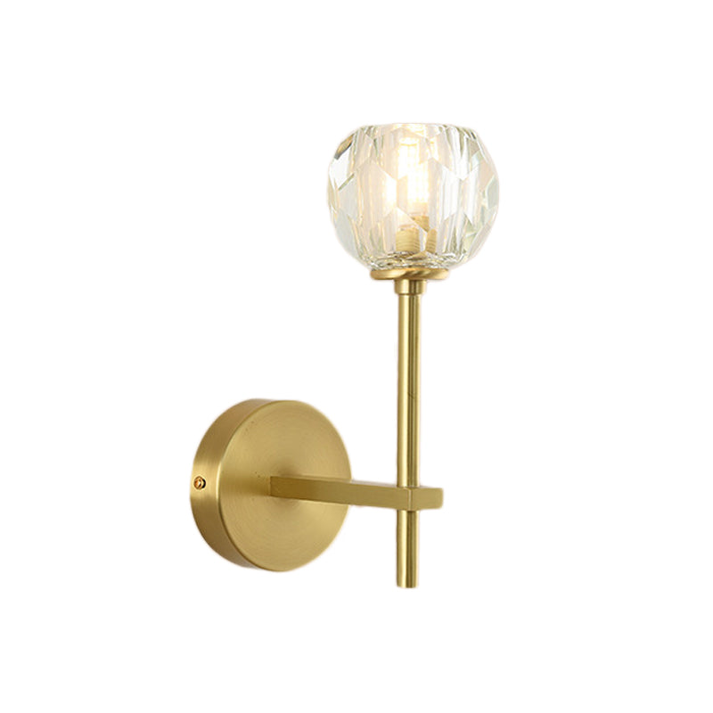 Brass Faceted Sconce With Crystal Shade - Minimalist Wall Mounted Light Fixture