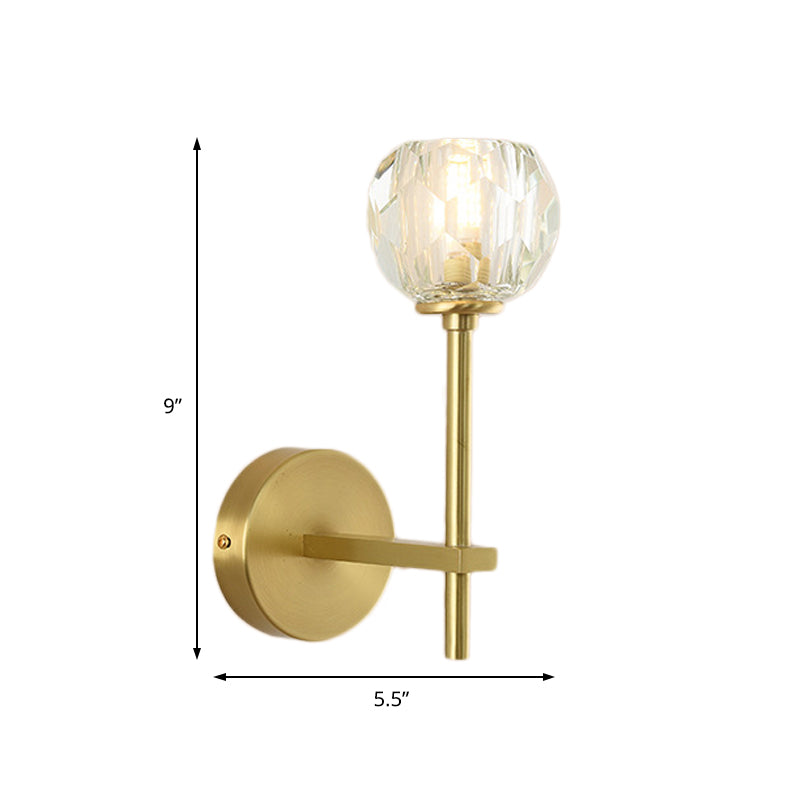 Brass Faceted Sconce With Crystal Shade - Minimalist Wall Mounted Light Fixture
