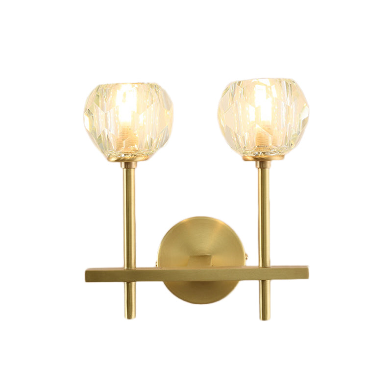 Brass Faceted Sconce With Crystal Shade - Minimalist Wall Mounted Light Fixture