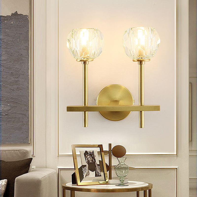 Brass Faceted Sconce With Crystal Shade - Minimalist Wall Mounted Light Fixture